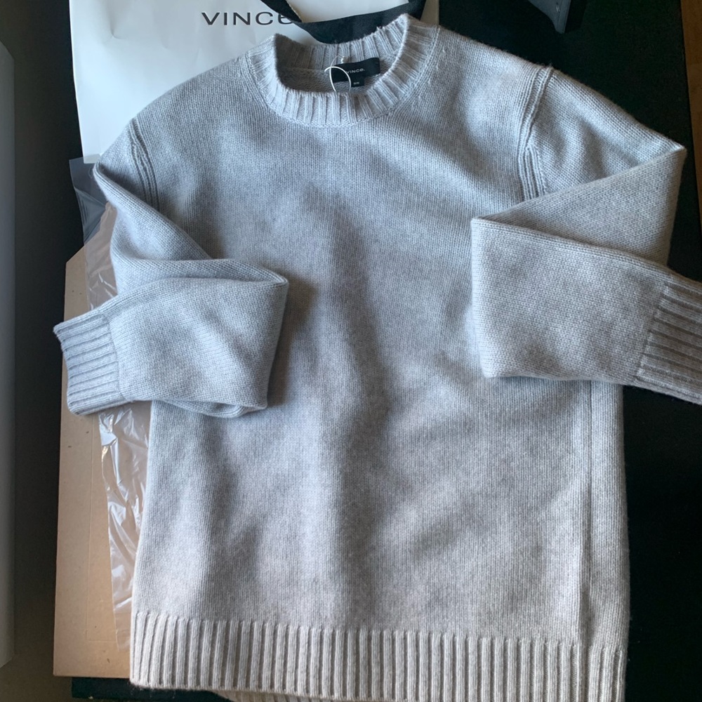 VINCE: Wool-Cashmere Relaxed Crew Neck Sweater M, LIGHT HEATHER GREY,